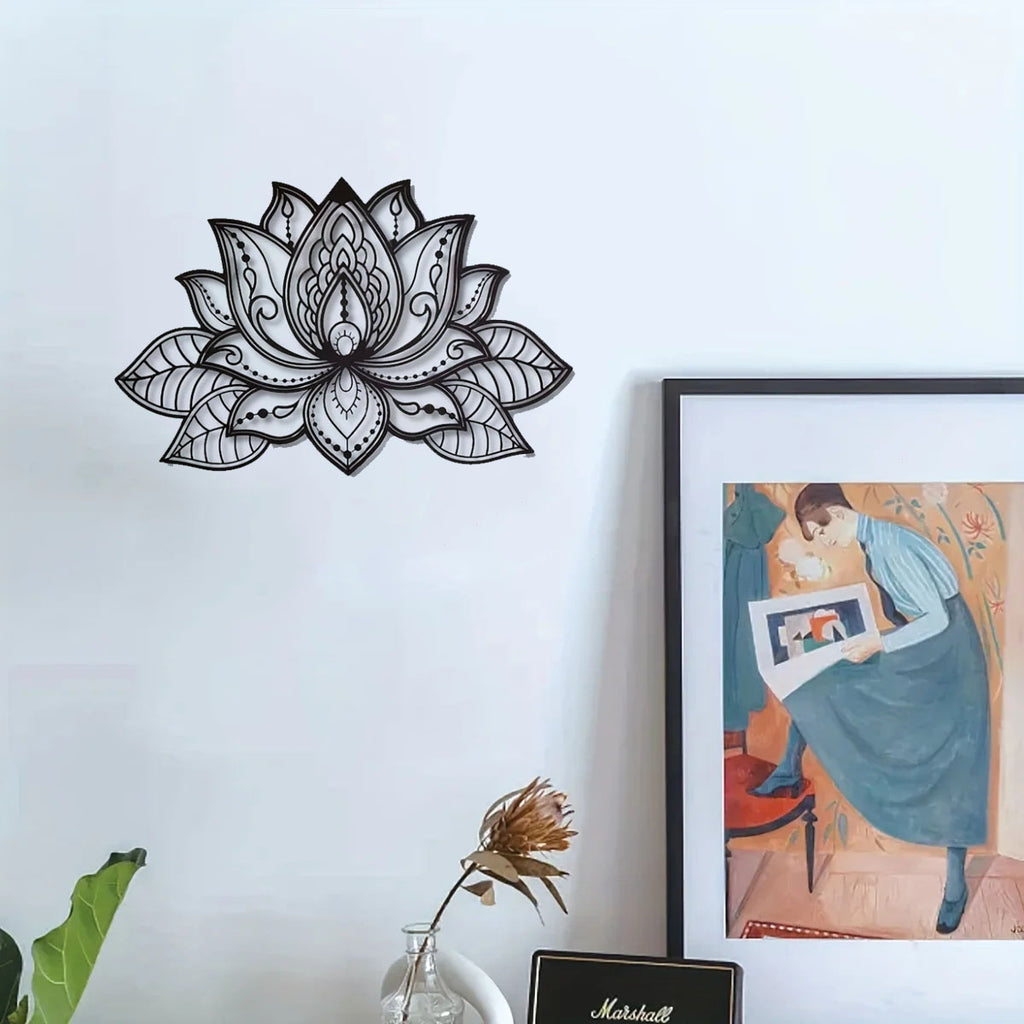 "Boho Wall Art Decor – Black Mandala Metal Wall Hanging, Lotus Flower Design for Bedroom, Living Room, Office & Meditation Space | Zen Home Aesthetic,(TikTok/temu self-pickup orders)