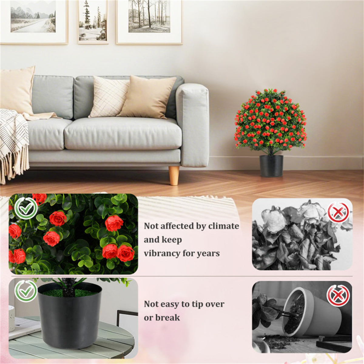 2 PCS Red Artificial Rose Topiary Ball Tree