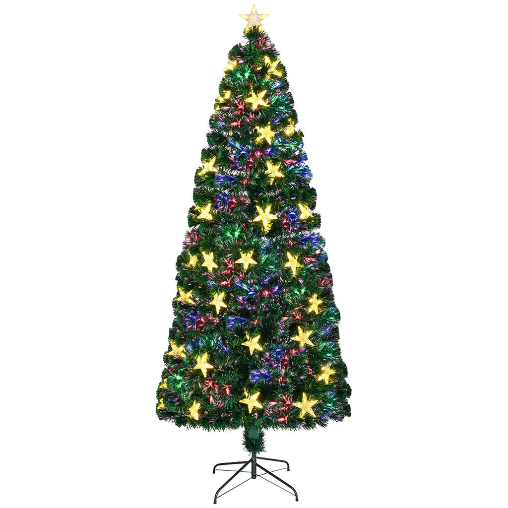 7FT Pre-lit Fiber Optic Christmas Tree with Large Stars, Artificial Xmas Tree Spruce Tree Green Tree with Metal Stand,Full Tree for Holiday Decoration