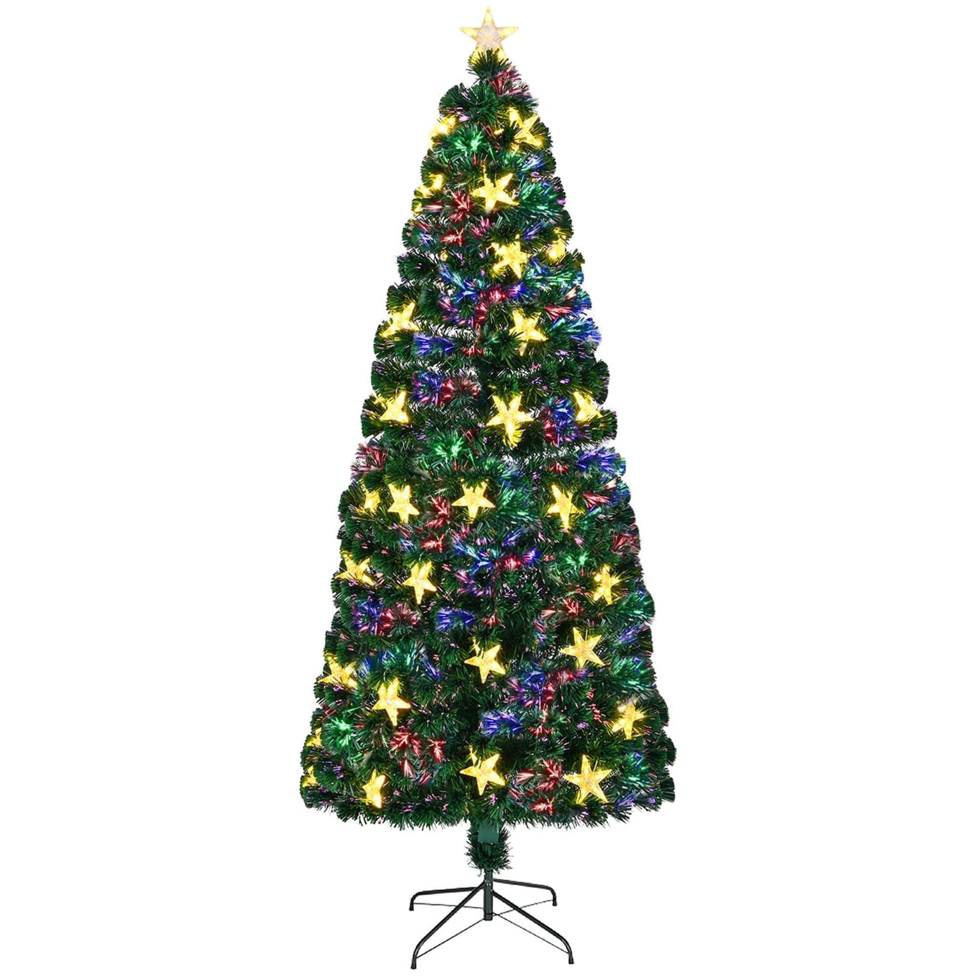 7FT Pre-lit Fiber Optic Christmas Tree with Large Stars, Artificial Xmas Tree Spruce Tree Green Tree with Metal Stand,Full Tree for Holiday Decoration