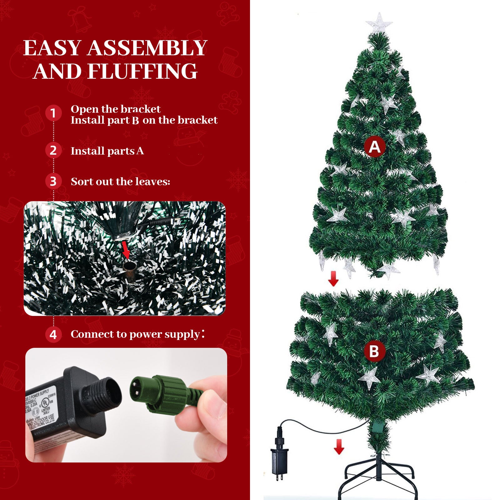 7FT Pre-lit Fiber Optic Christmas Tree with Large Stars, Artificial Xmas Tree Spruce Tree Green Tree with Metal Stand,Full Tree for Holiday Decoration