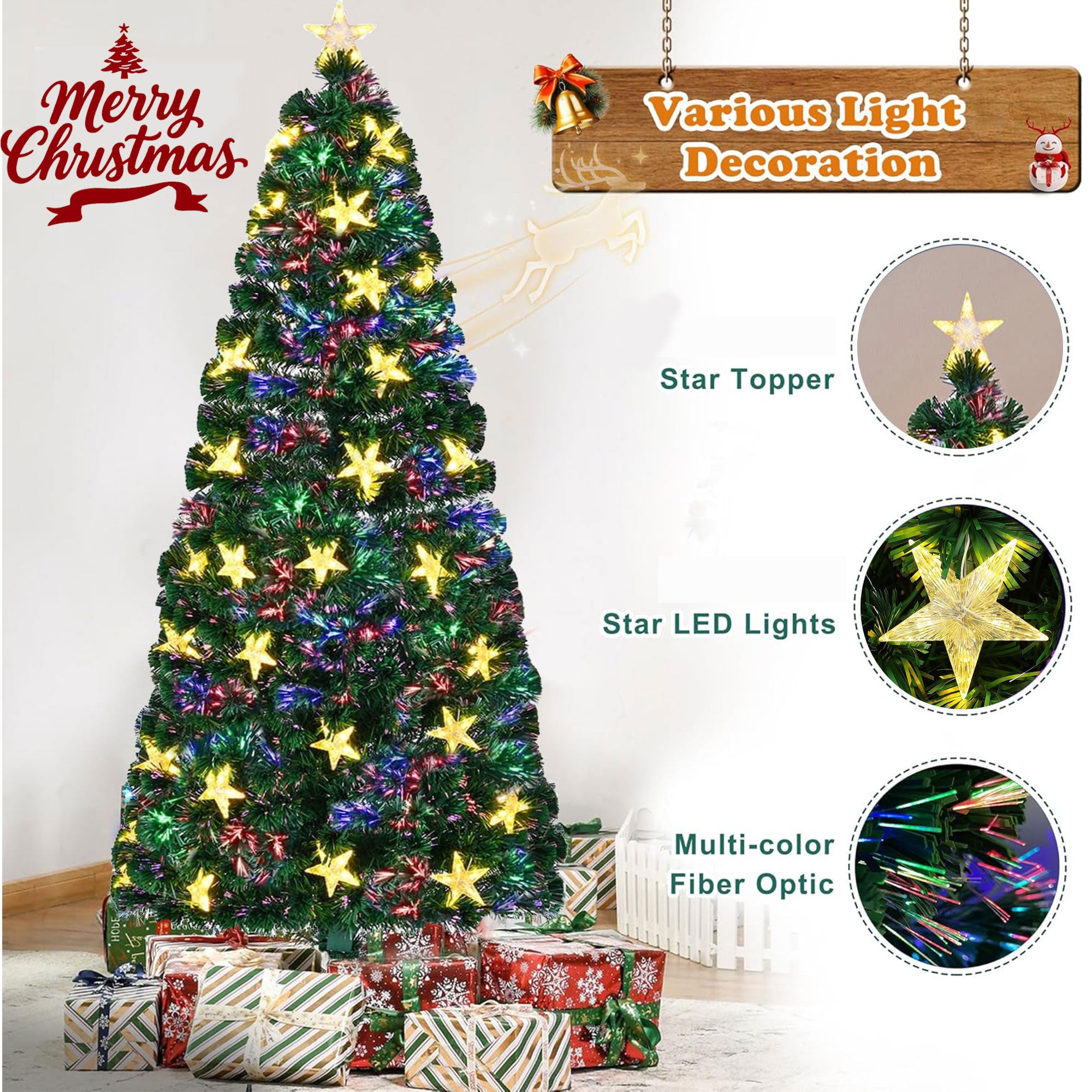 7FT Pre-lit Fiber Optic Christmas Tree with Large Stars, Artificial Xmas Tree Spruce Tree Green Tree with Metal Stand,Full Tree for Holiday Decoration