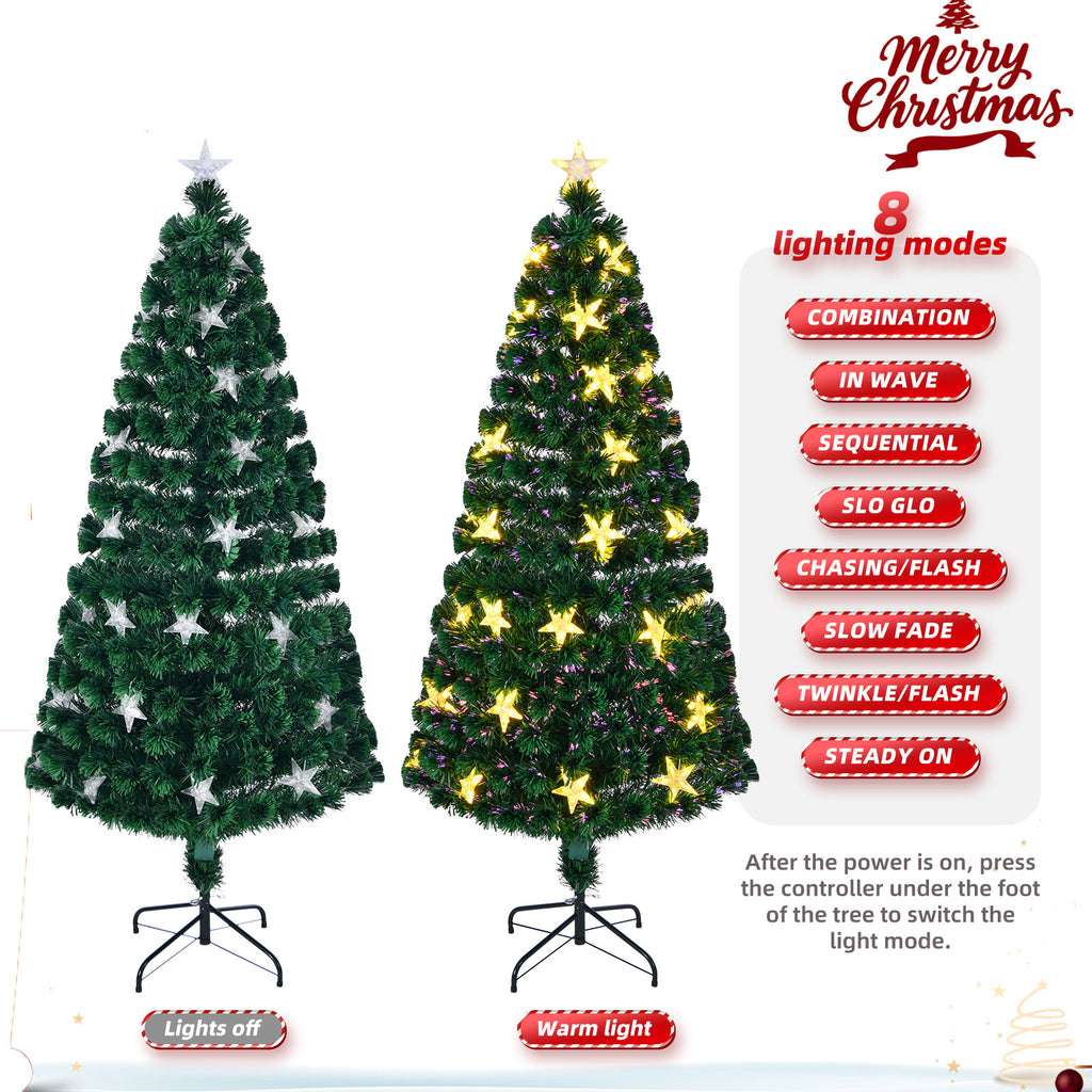 7FT Pre-lit Fiber Optic Christmas Tree with Large Stars, Artificial Xmas Tree Spruce Tree Green Tree with Metal Stand,Full Tree for Holiday Decoration