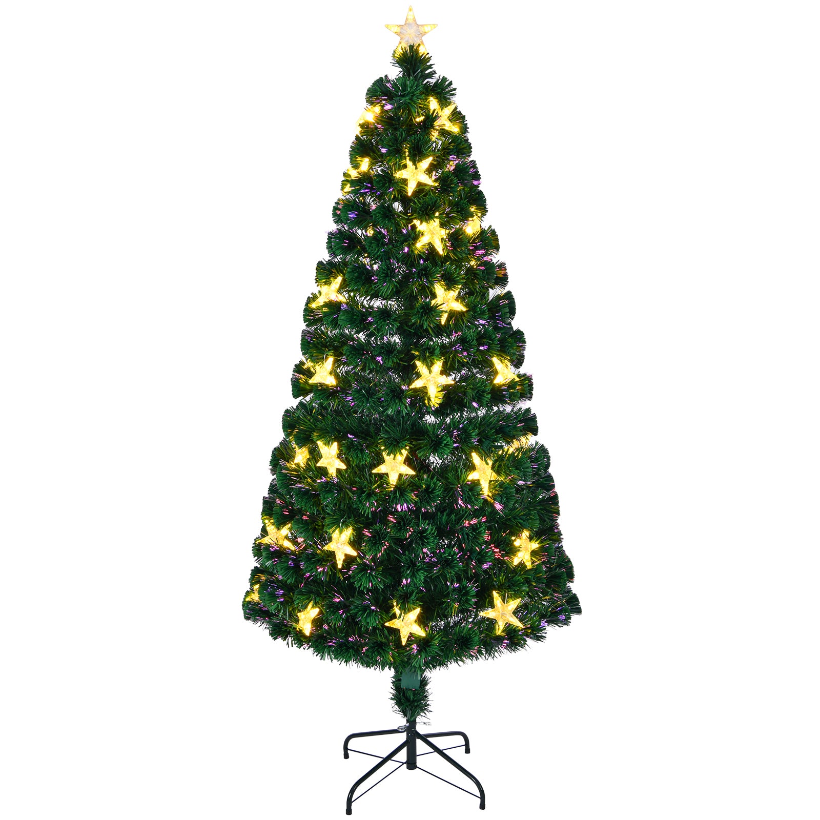 7FT Pre-lit Fiber Optic Christmas Tree with Large Stars, Artificial Xmas Tree Spruce Tree Green Tree with Metal Stand,Full Tree for Holiday Decoration