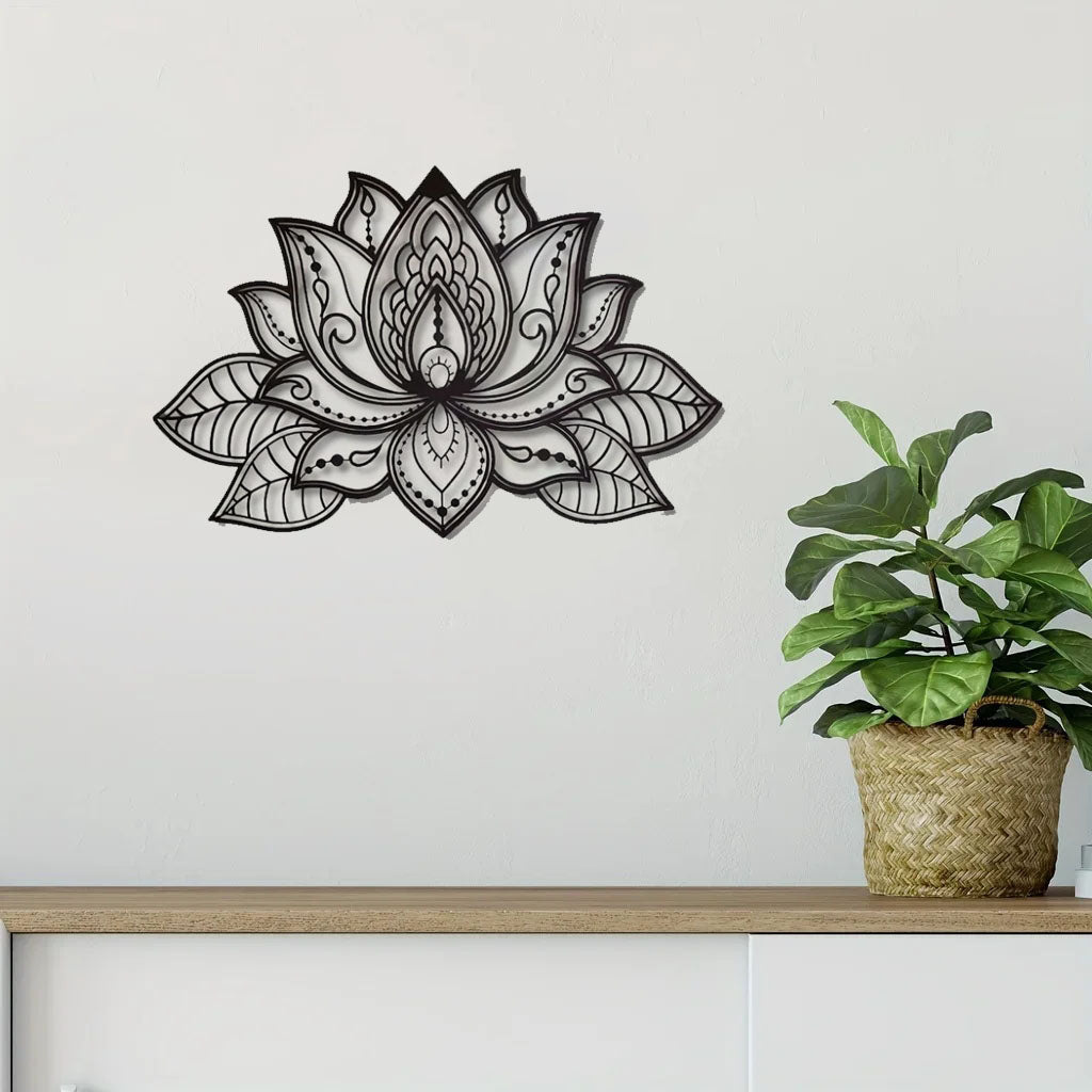 "Boho Wall Art Decor – Black Mandala Metal Wall Hanging, Lotus Flower Design for Bedroom, Living Room, Office & Meditation Space | Zen Home Aesthetic,(TikTok/temu self-pickup orders)