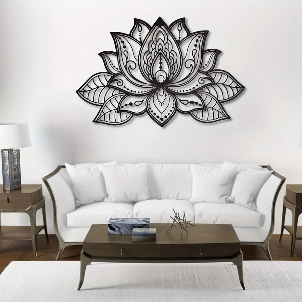 "Boho Wall Art Decor – Black Mandala Metal Wall Hanging, Lotus Flower Design for Bedroom, Living Room, Office & Meditation Space | Zen Home Aesthetic,(TikTok/temu self-pickup orders)