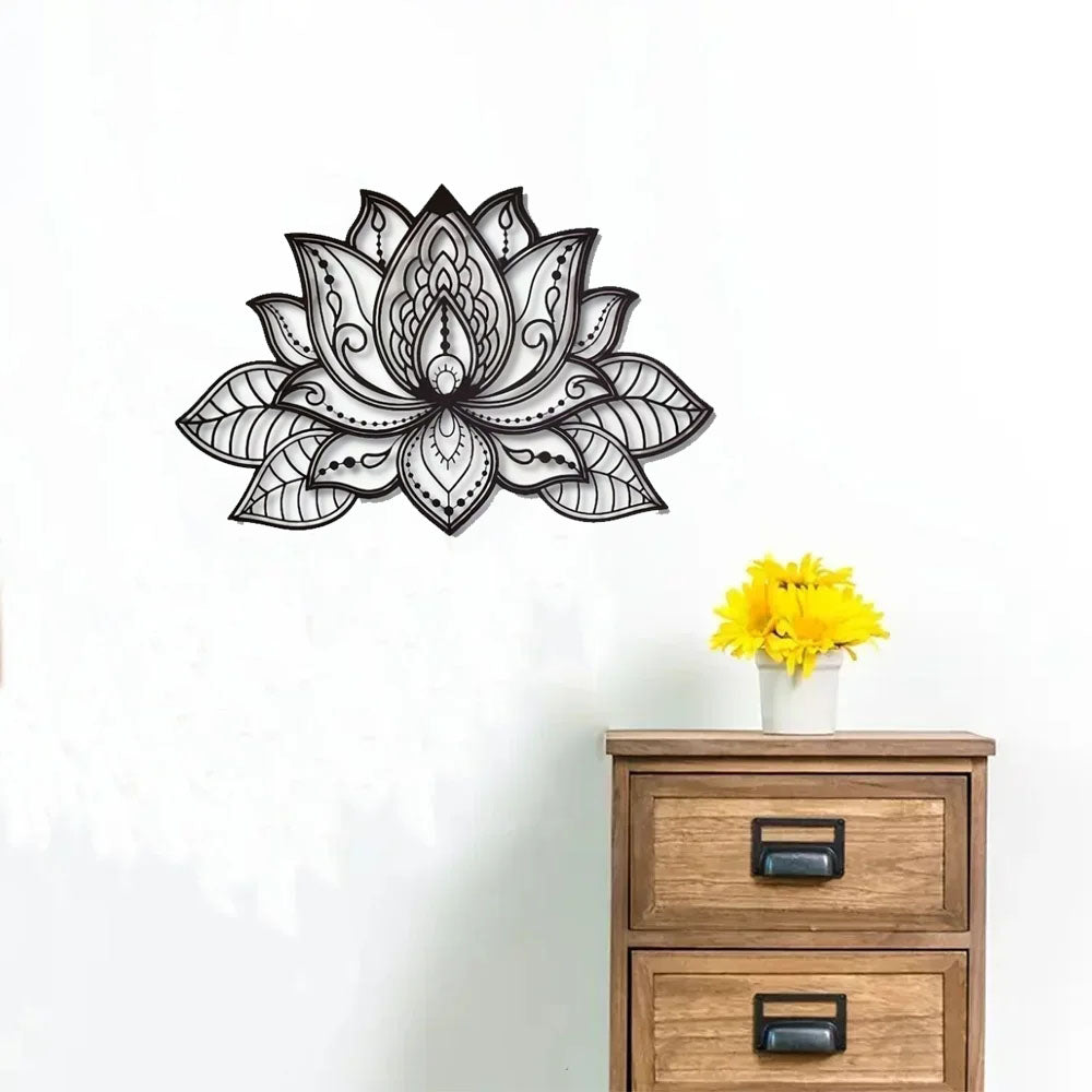 "Boho Wall Art Decor – Black Mandala Metal Wall Hanging, Lotus Flower Design for Bedroom, Living Room, Office & Meditation Space | Zen Home Aesthetic,(TikTok/temu self-pickup orders)